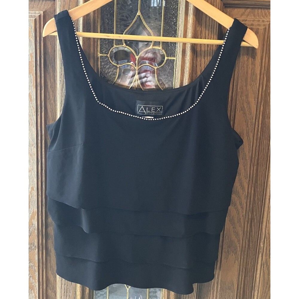 Alex Evenings Women's Black Tiered Rhinestone‎ Tank Top Size XL EUC